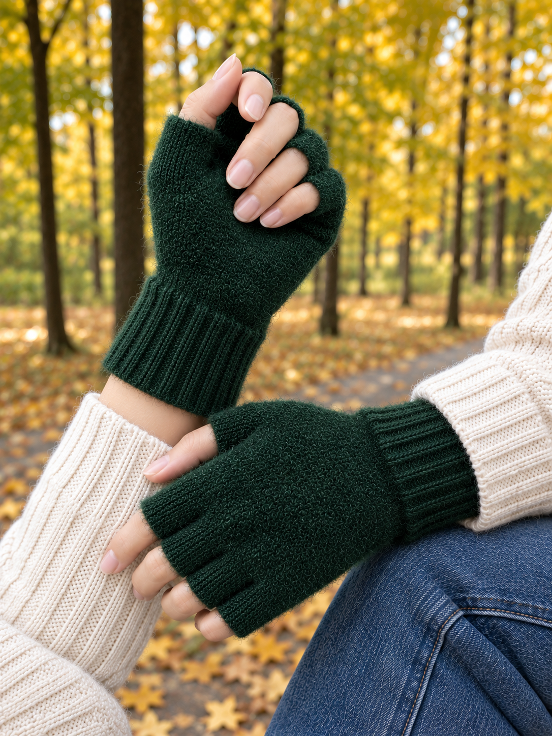 GLEVA Winter Fingerless Knitted Gloves – Dark Green