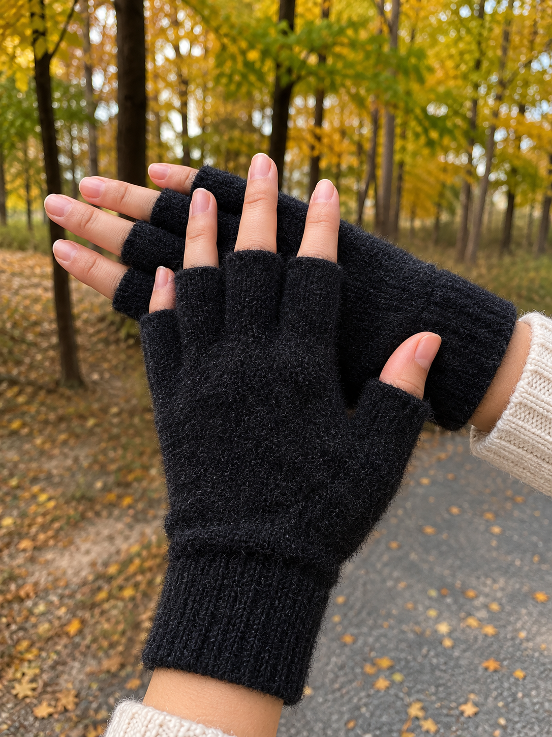 GLEVA Winter Fingerless Knitted Gloves – Black