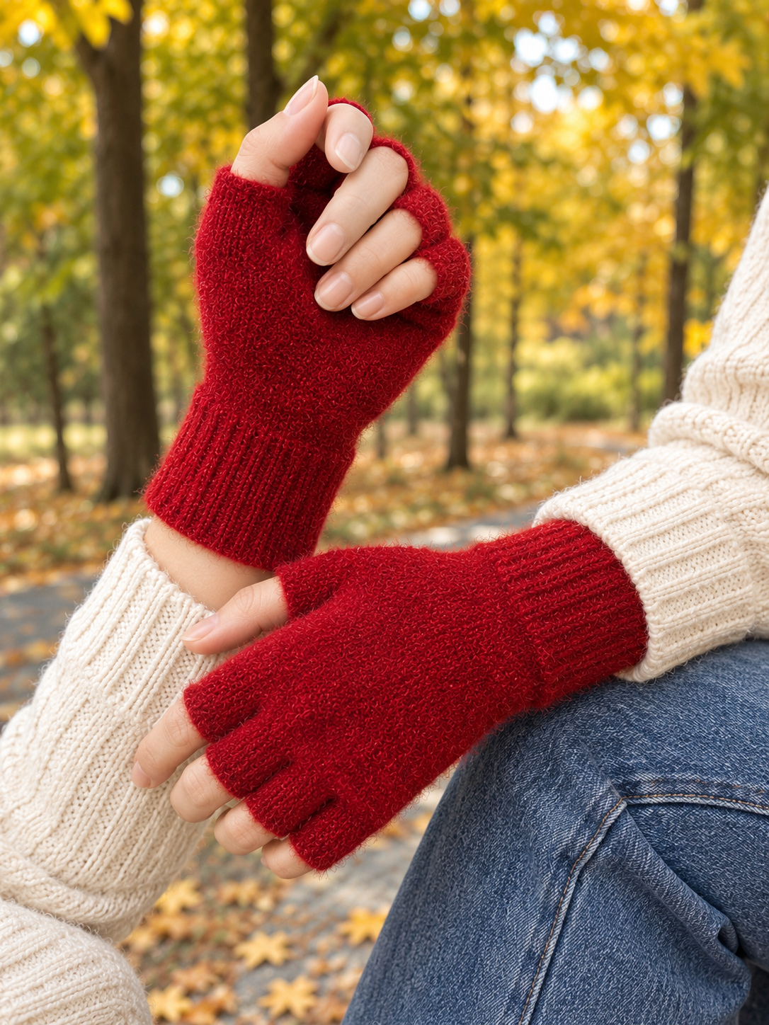 GLEVA Winter Fingerless Knitted Gloves – Red